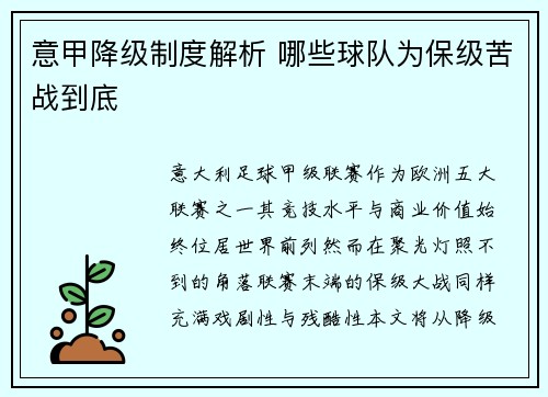 意甲降级制度解析 哪些球队为保级苦战到底
