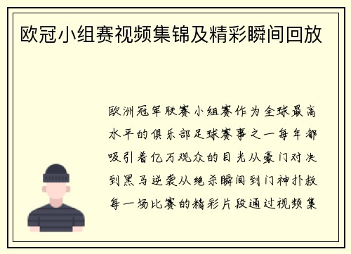 欧冠小组赛视频集锦及精彩瞬间回放